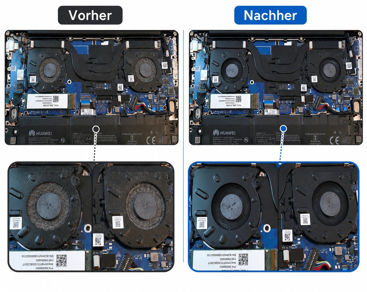 Laptop-Innenreinigung bei Farinola: Lüfter vorher und nachher im Vergleich